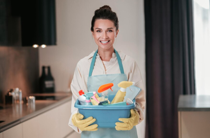 Femme de ménage professionnelle souriante avec sa vitrine en ligne créée sur VitrinePro